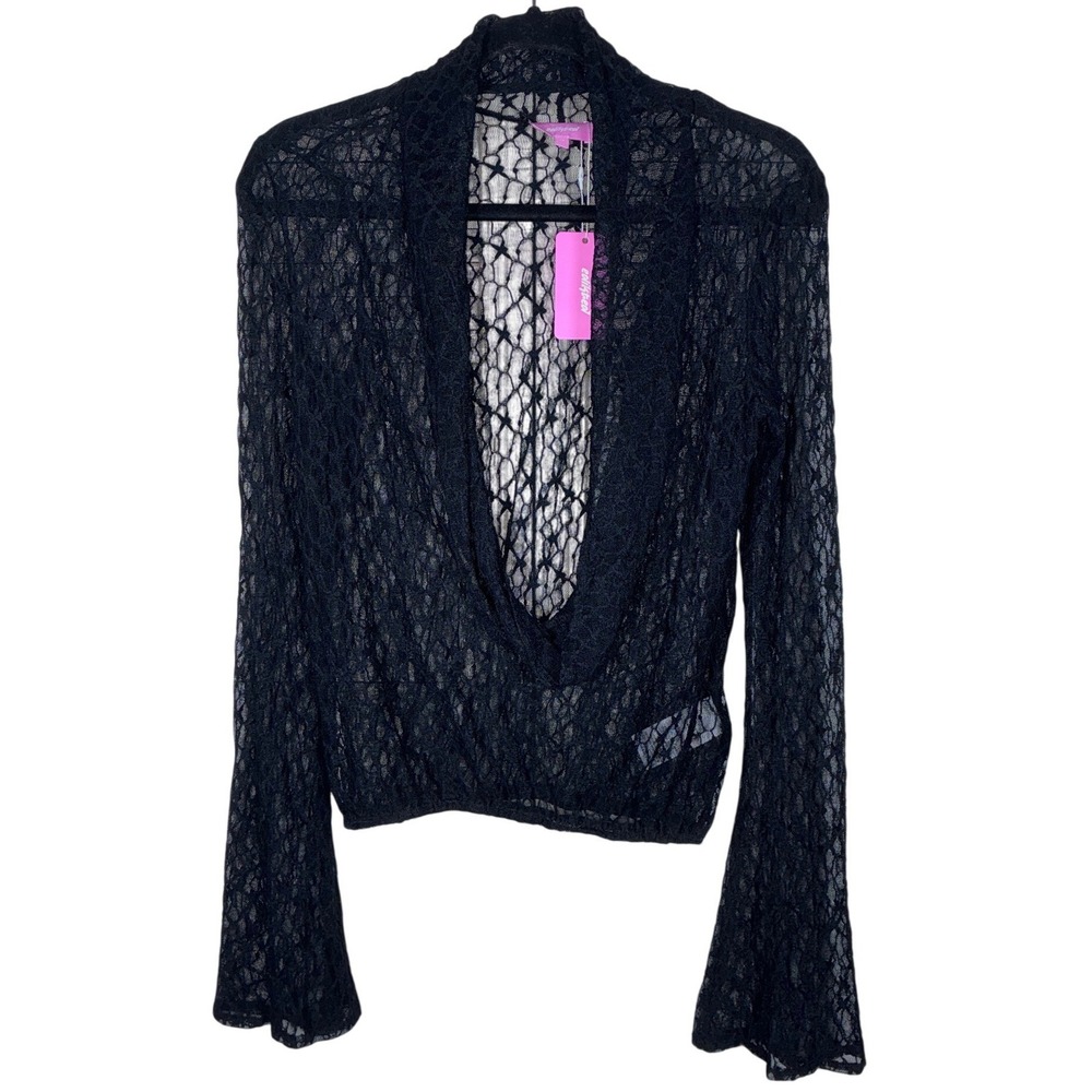 Edikted Black Star Lace Sheer Long Sleeve Deep V-Neck Top XS NWT Goth Whimsigoth - Picture 2 of 9